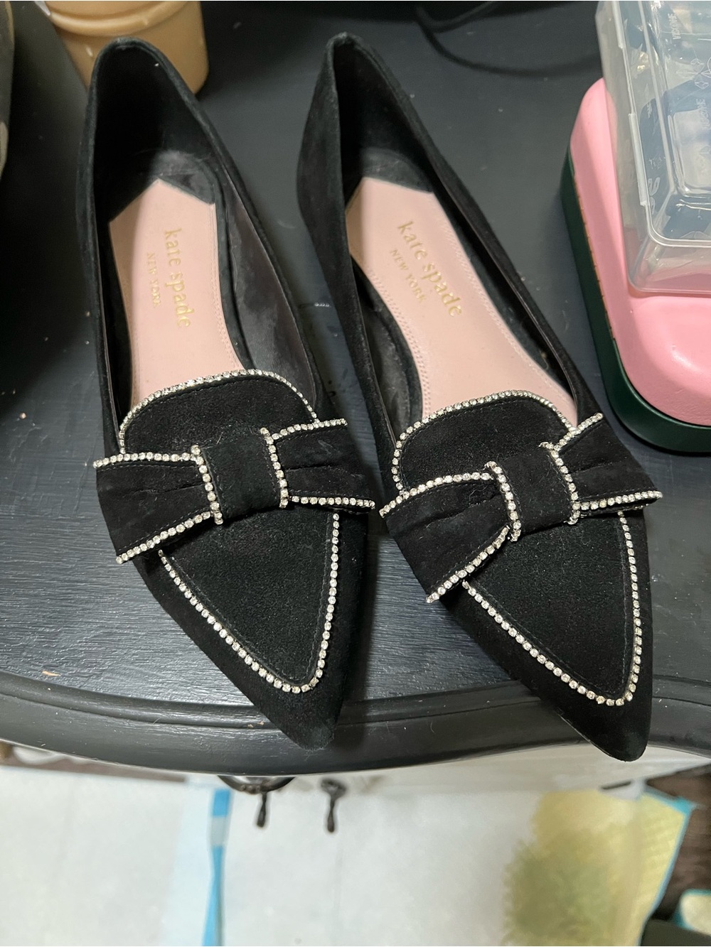 kate spade Black Suede Pointed-Toe Flats with Crystal-Trim Bow